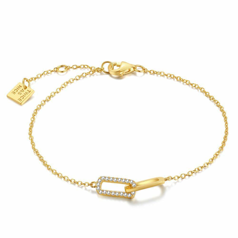 Bracelets | 18Ct Gold Plated Silver Bracelet, 2 Oval Links, Zirconia Bracelets Bracelets