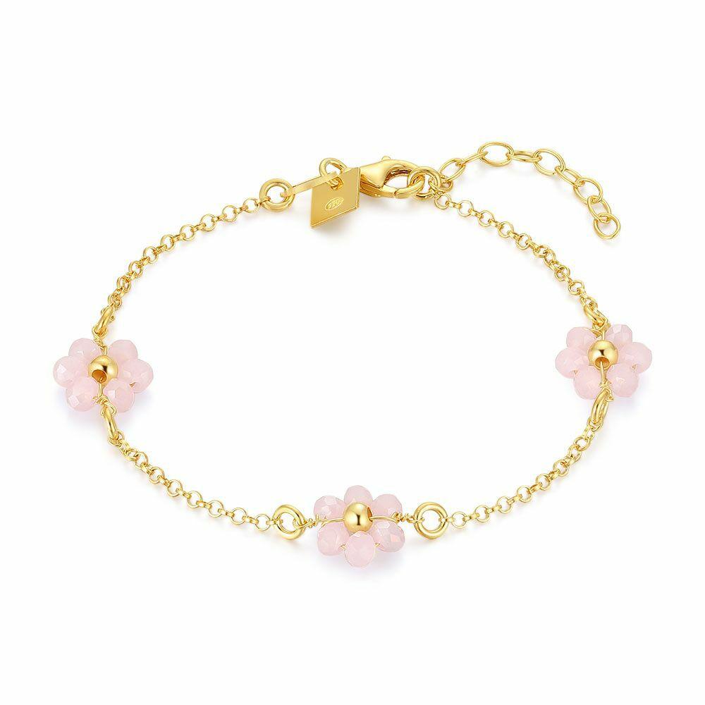 Bracelets | 18Ct Gold Plated Silver Bracelet, 3 Flowers, Pink Stones Bracelets Bracelets