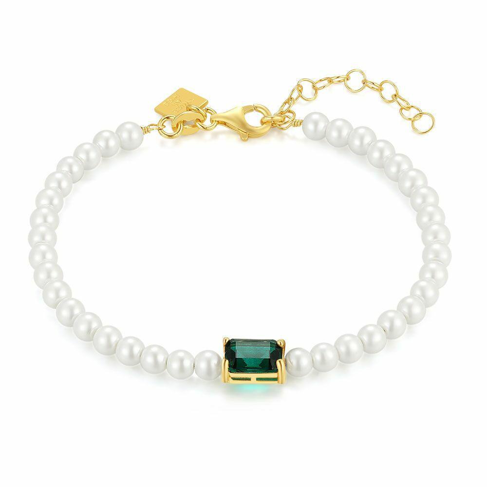 Bracelets | 18Ct Gold Plated Silver Bracelet, Pearls And Green Zirconia Bracelets Bracelets