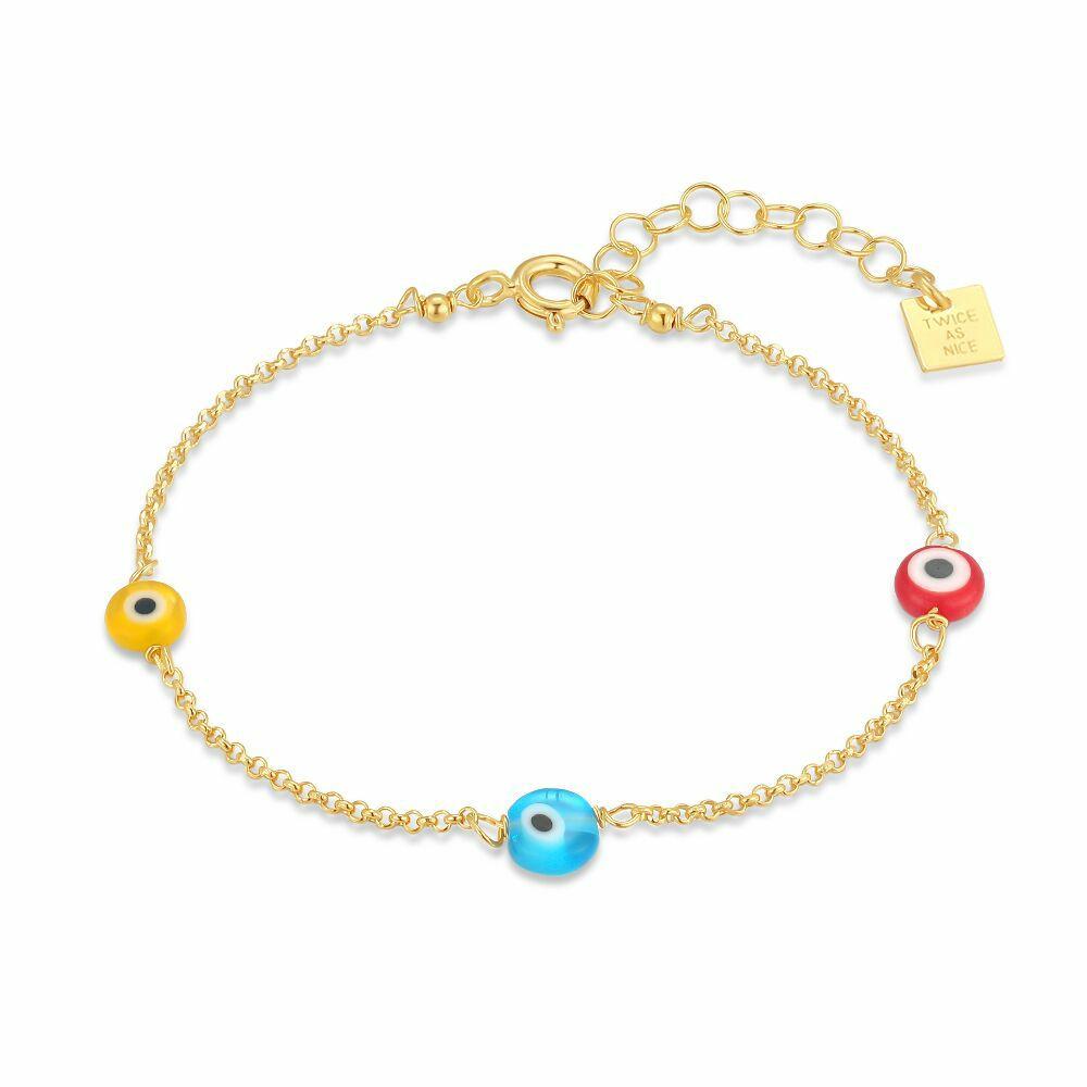 Bracelets | 18Ct Gold Plated Silver Bracelet, Red, Blue And Yellow Eye Bracelets Bracelets