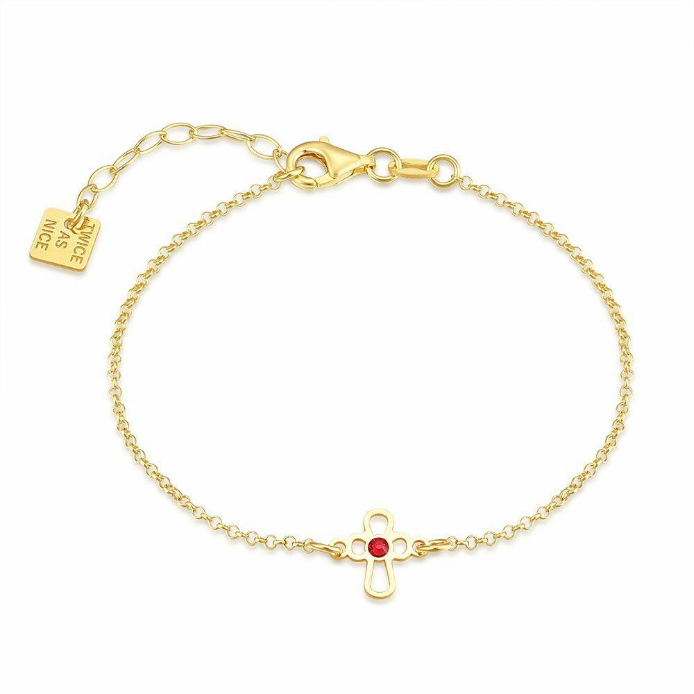 Bracelets | 18Ct Gold Plated Silver Bracelet, Rounded Cross, 1 Red Crystal Bracelets Bracelets