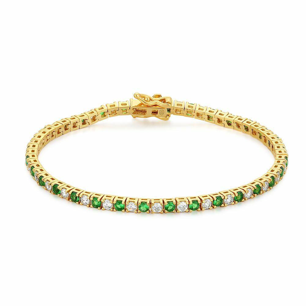 Bracelets | 18Ct Gold Plated Silver Bracelet, Tennis, Green And White Zirconia Bracelets Bracelets