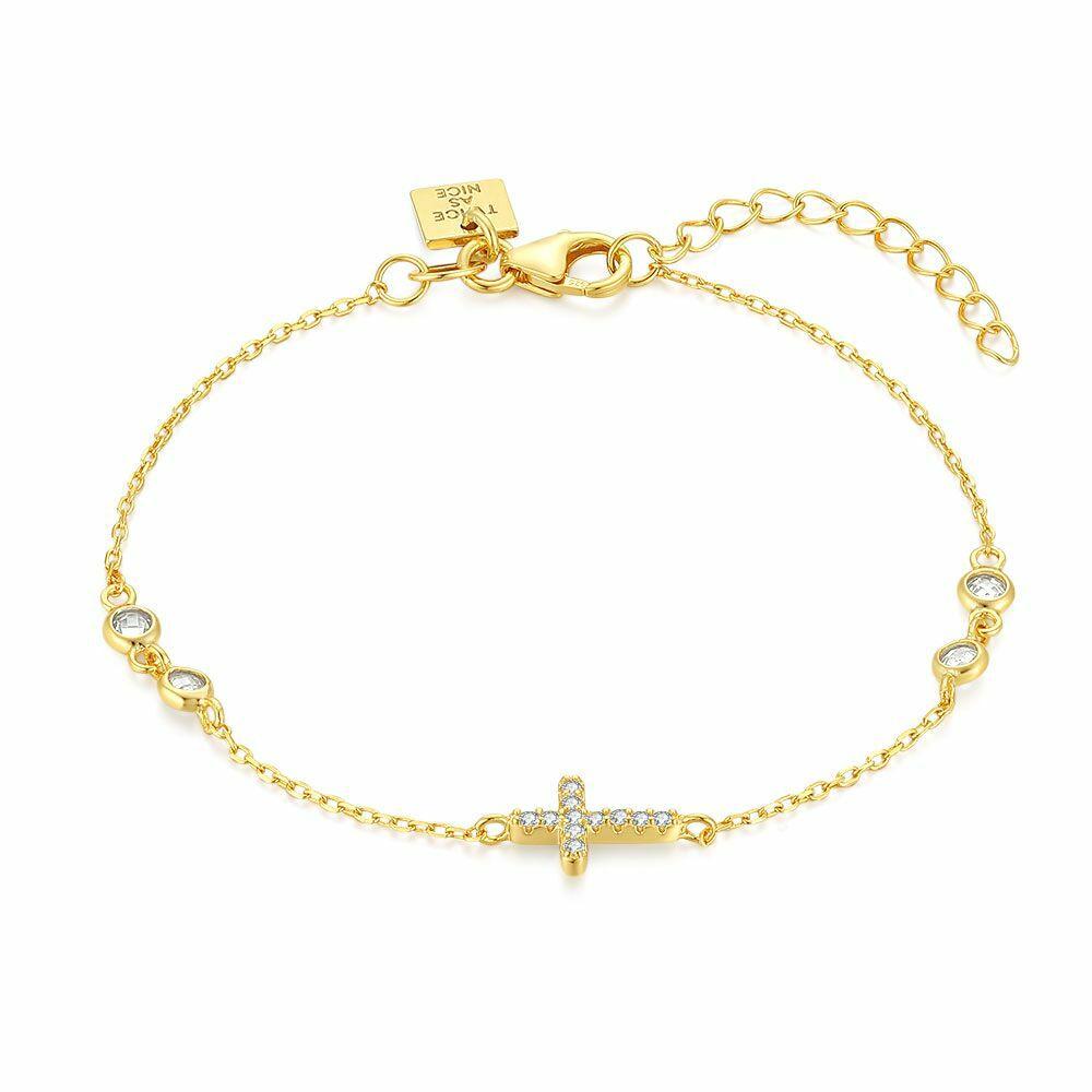 Bracelets | 18Ct Gold Plated Silver Necklace, Cross Zirconia, 4 Zirconia Bracelets Bracelets