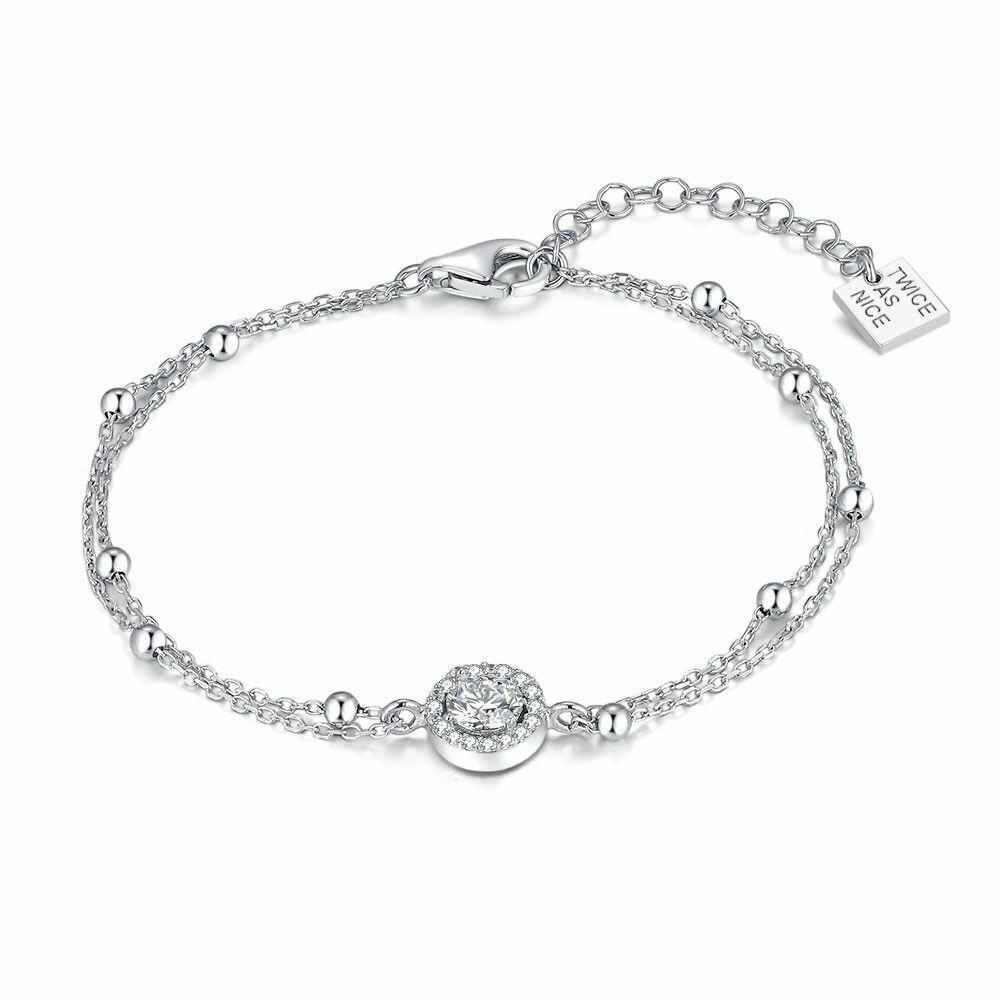 Bracelets | Bracelet In Silver, Double Chain With Silver Beads, Round Zirconia Bracelets Bracelets