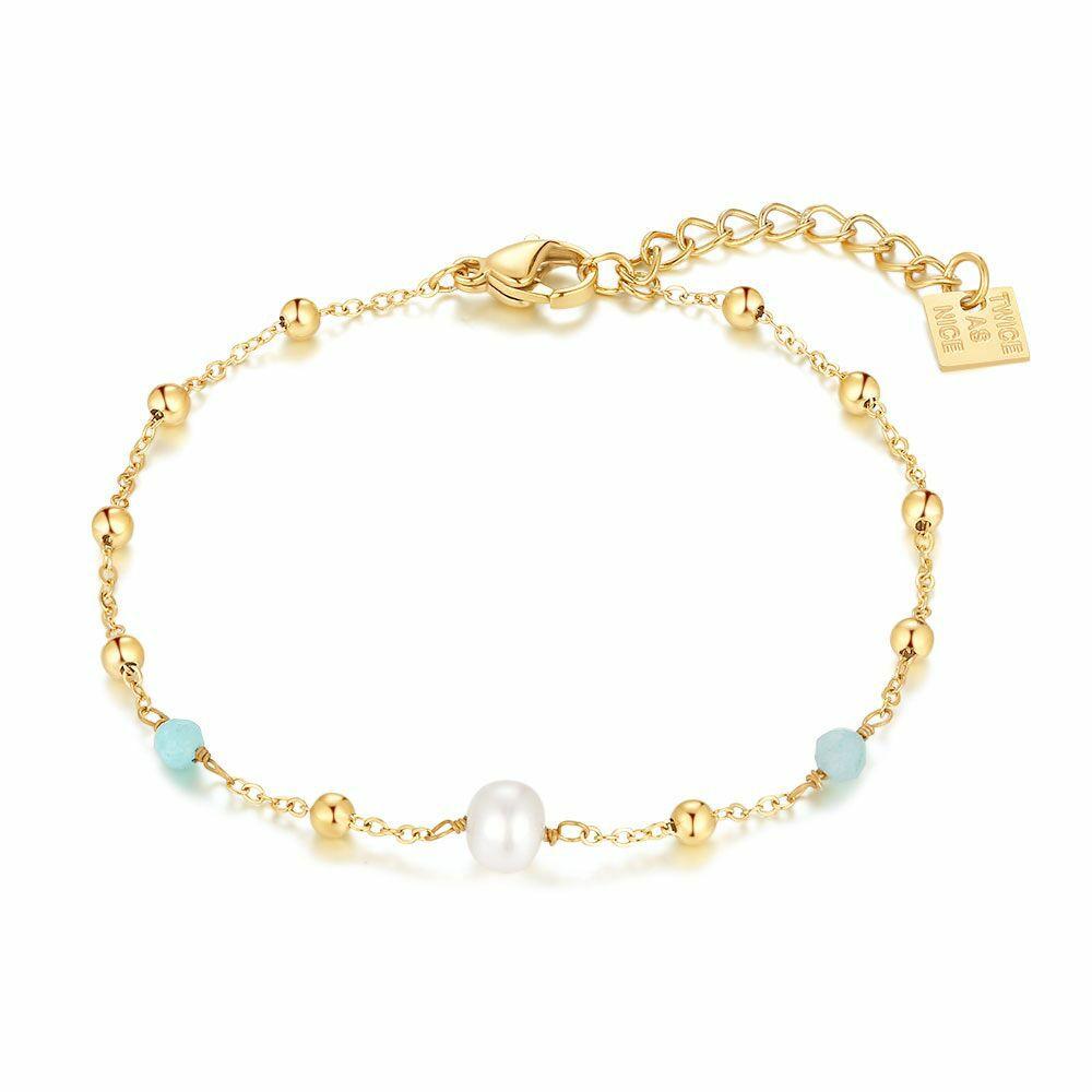 Bracelets | Gold Coloured Stainless Steel Bracelet, 1 Pearl, 2 Amazonite Stones Bracelets Bracelets