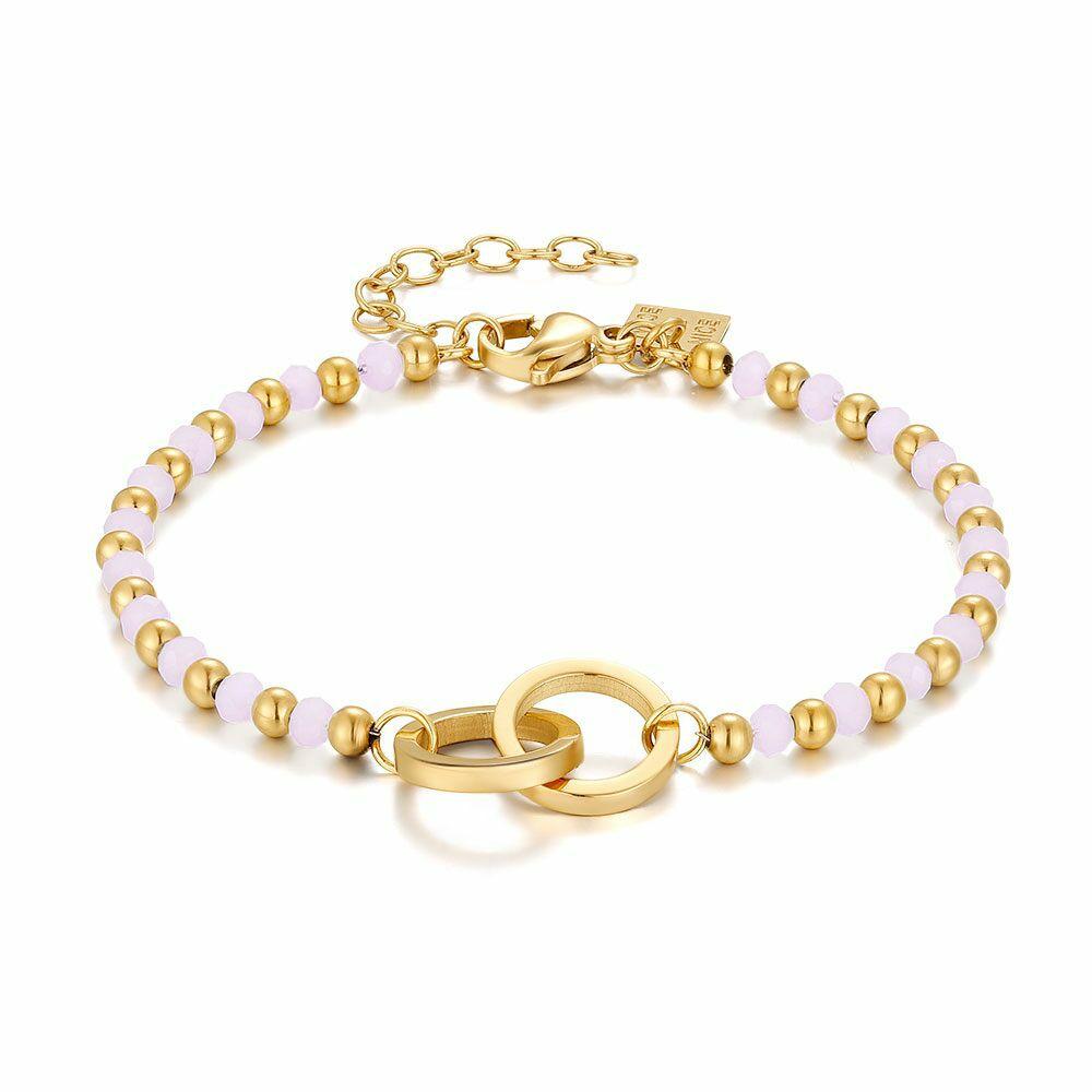 Bracelets | Gold Coloured Stainless Steel Bracelet, 2 Circles, Pink Crystals Bracelets Bracelets