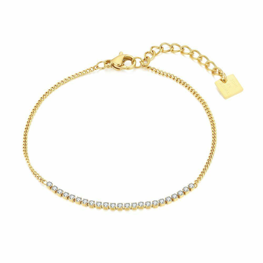 Bracelets | Gold Coloured Stainless Steel Bracelet, 23 Crystals, Thin Gourmet Chain Bracelets Bracelets