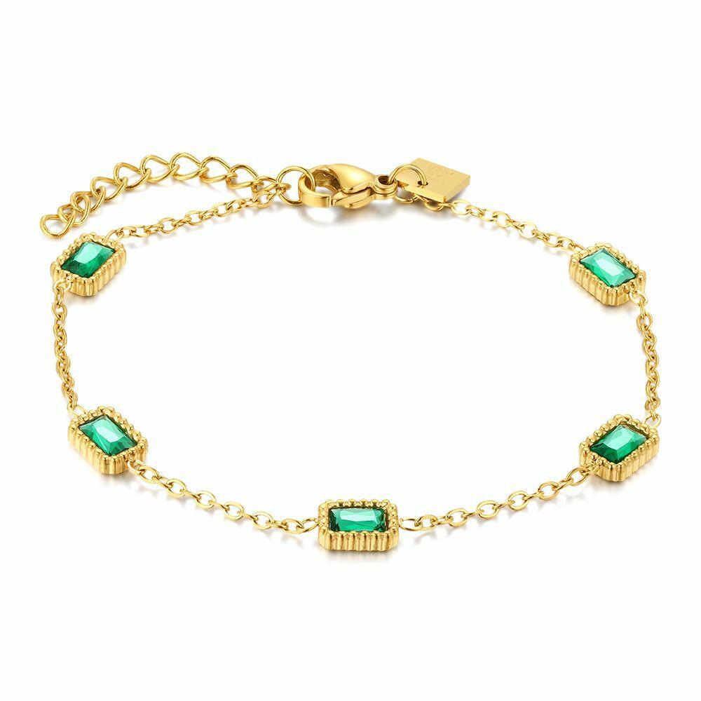 Bracelets | Gold Coloured Stainless Steel Bracelet, 5 Green Crystals Bracelets Bracelets