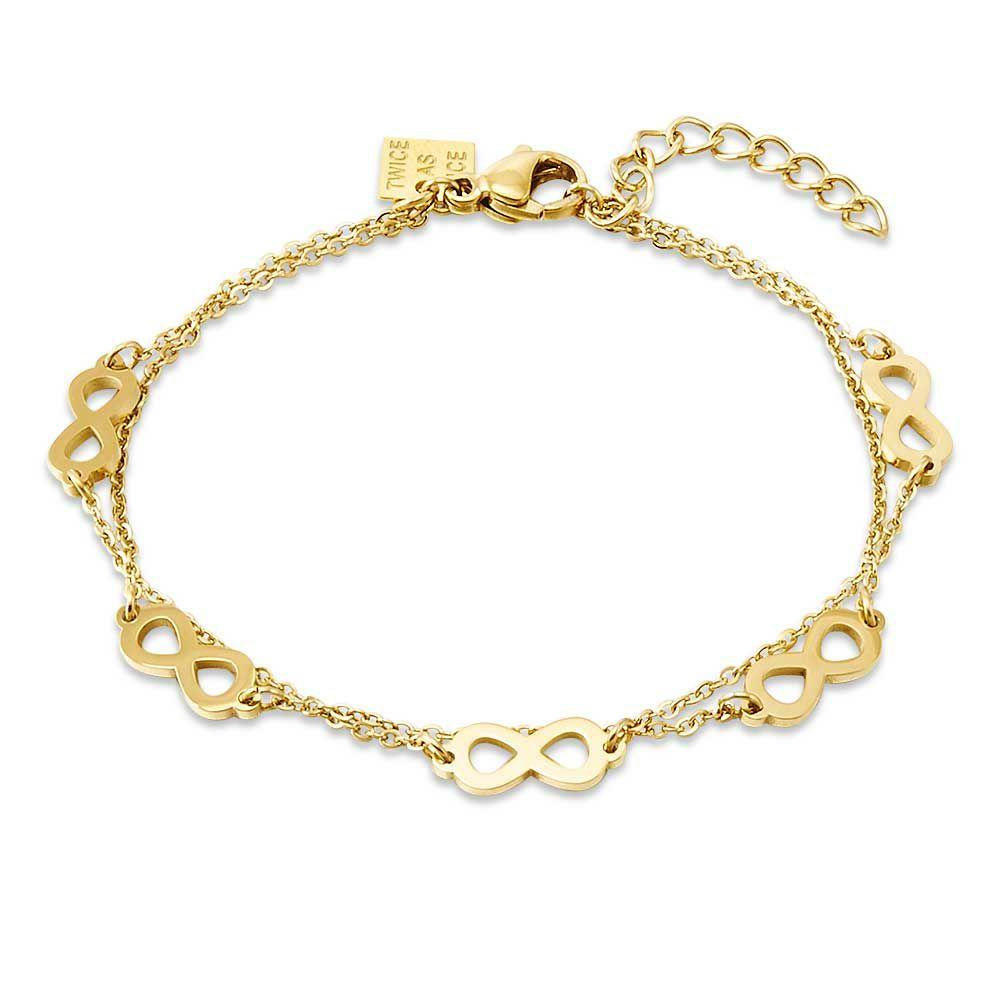 Bracelets | Gold Coloured Stainless Steel Bracelet, 5 Infinities On Double Chain Bracelets Bracelets