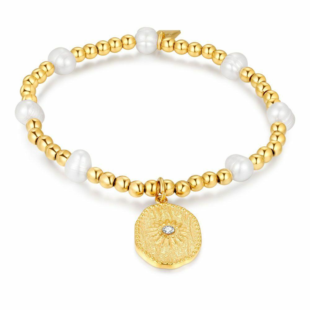 Bracelets | Gold Coloured Stainless Steel Bracelet, 6 Pearls, Oval With Sun Bracelets Bracelets