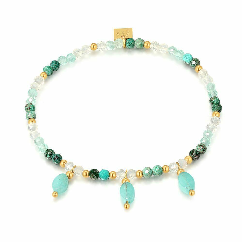 Bracelets | Gold Coloured Stainless Steel Bracelet, Aqua Semi-Precious Stones Bracelets Bracelets