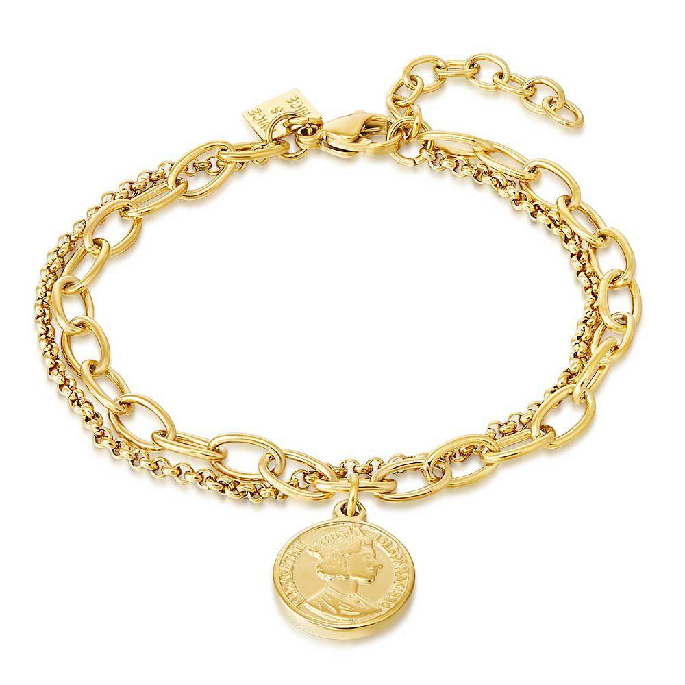 Bracelets | Gold Coloured Stainless Steel Bracelet, Coin On 2 Different Chains Bracelets Bracelets