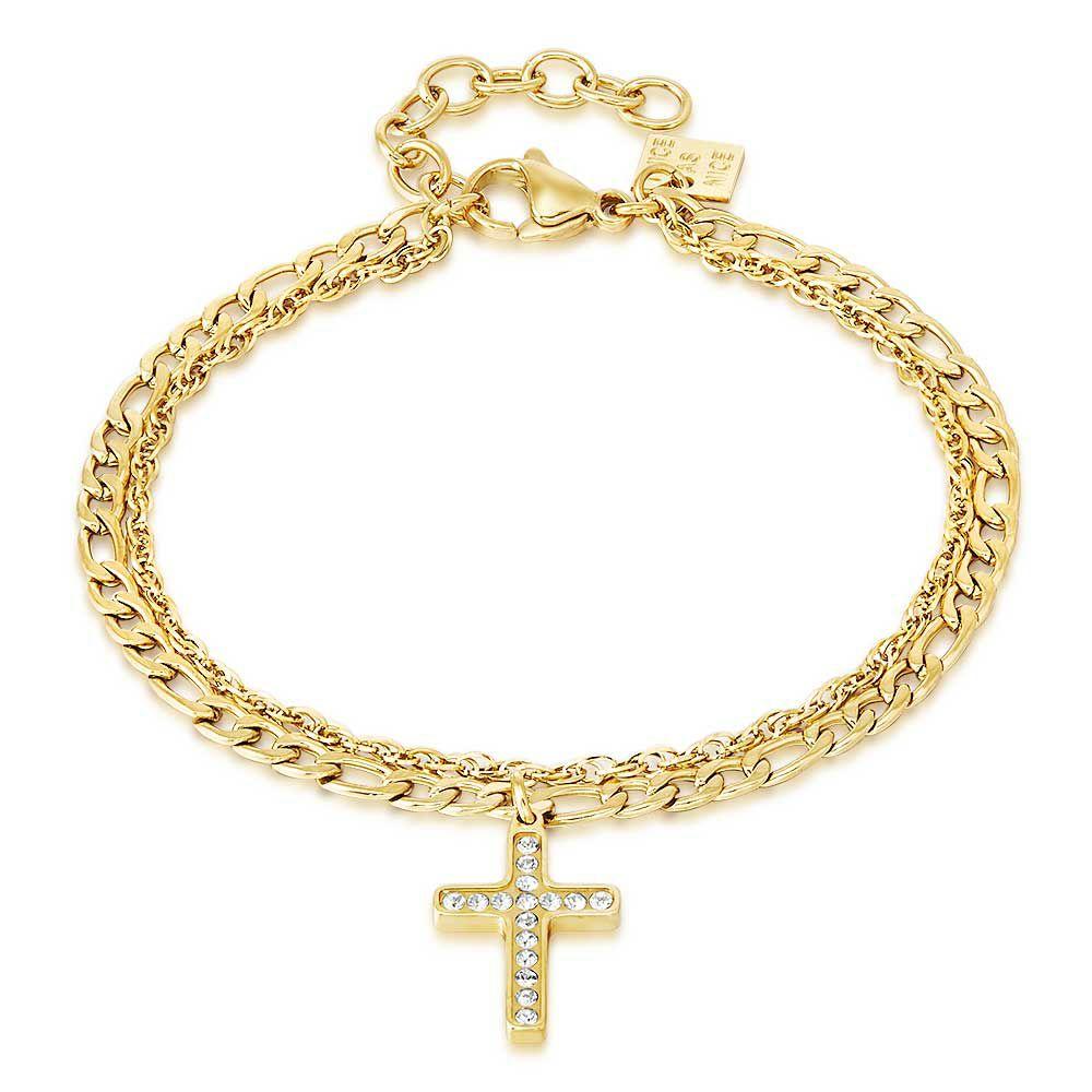 Bracelets | Gold Coloured Stainless Steel Bracelet, Cross On 2 Different Chains Bracelets Bracelets