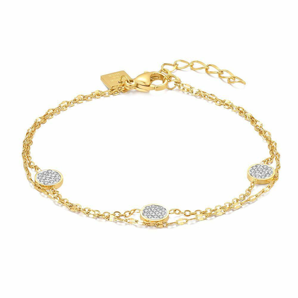 Bracelets | Gold Coloured Stainless Steel Bracelet, Double Chain, 3 Rounds With White Crystals Bracelets Bracelets