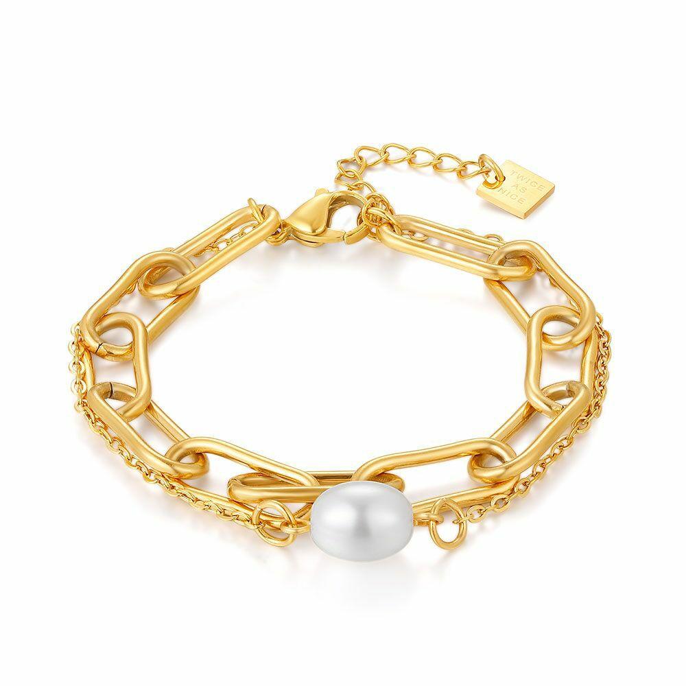 Bracelets | Gold Coloured Stainless Steel Bracelet, Double Chain, Oval Links, Chain With Pearl Bracelets Bracelets