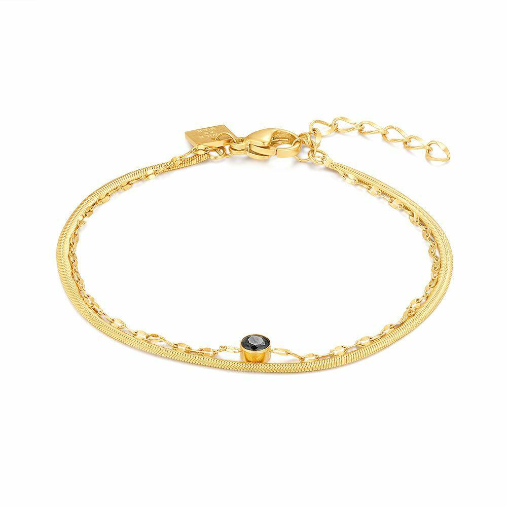 Bracelets | Gold Coloured Stainless Steel Bracelet, Double Chain, Oval Links, Snake Chain, 1 Black Zirconia Bracelets Bracelets