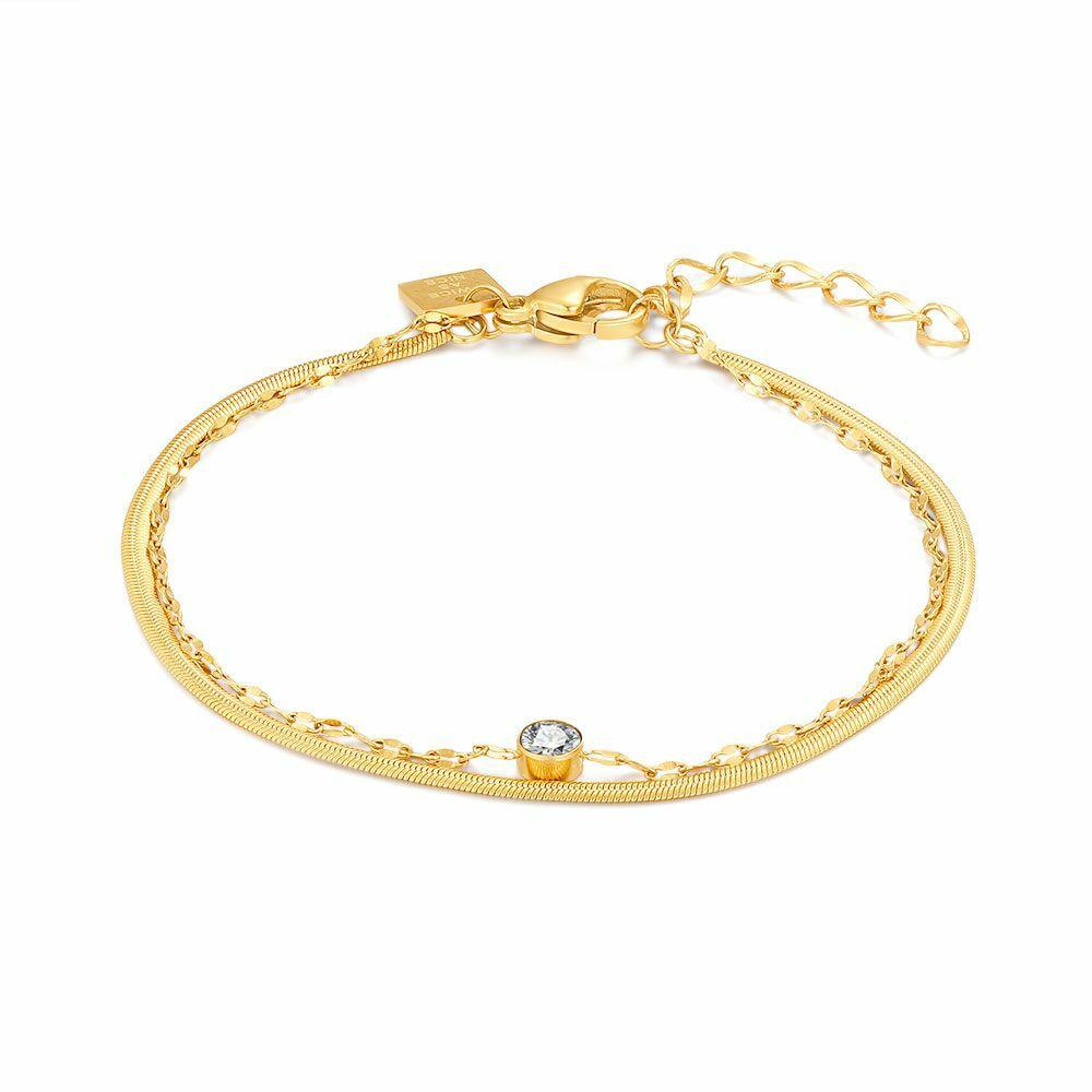 Bracelets | Gold Coloured Stainless Steel Bracelet, Double Chain, Oval Links, Zirconia, Snake Chain Bracelets Bracelets