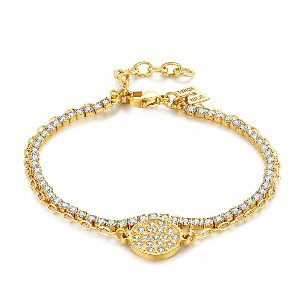 Bracelets | Gold Coloured Stainless Steel Bracelet, Double Chain, Round, White Crystals Bracelets Bracelets