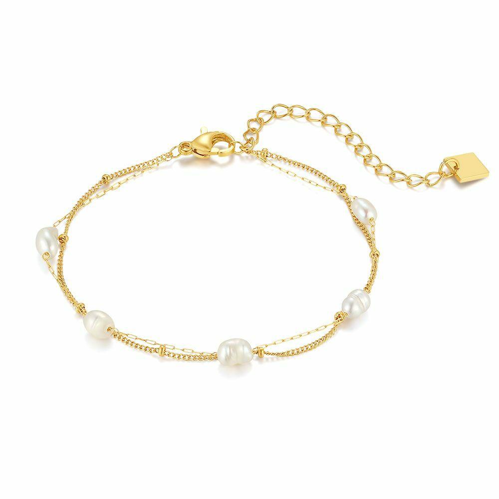 Bracelets | Gold Coloured Stainless Steel Bracelet, Double Chain With 5 Freshwater Pearls Bracelets Bracelets