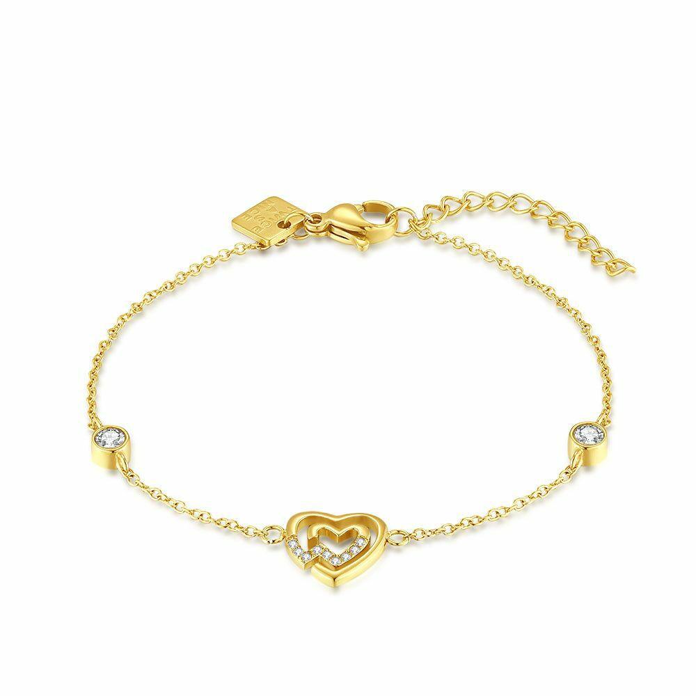 Bracelets | Gold Coloured Stainless Steel Bracelet, Double Heart, Stones Bracelets Bracelets