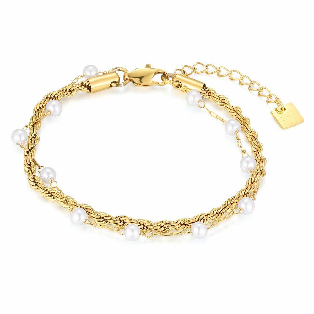 Bracelets | Gold Coloured Stainless Steel Bracelet, Double With Pearls Bracelets Bracelets