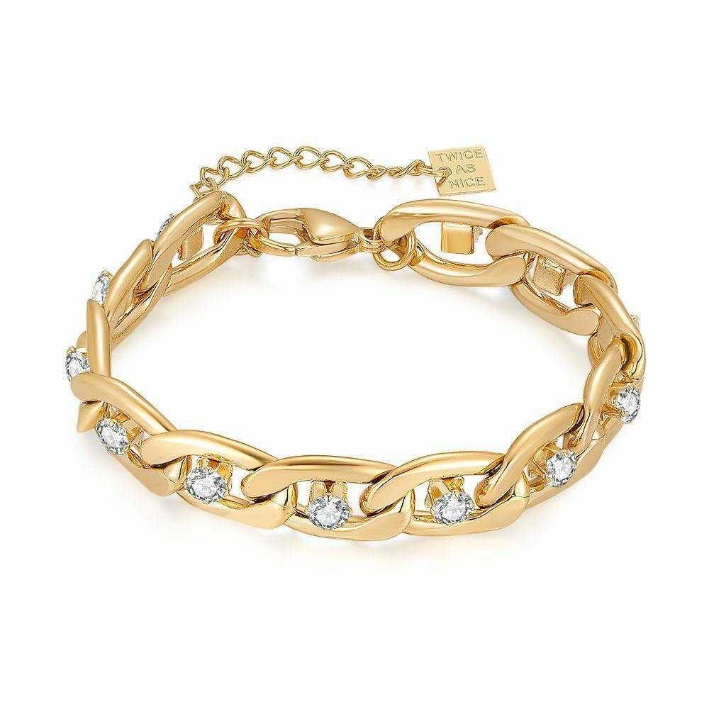 Bracelets | Gold Coloured Stainless Steel Bracelet, Gourmet Chain, 12 Crystals Bracelets Bracelets