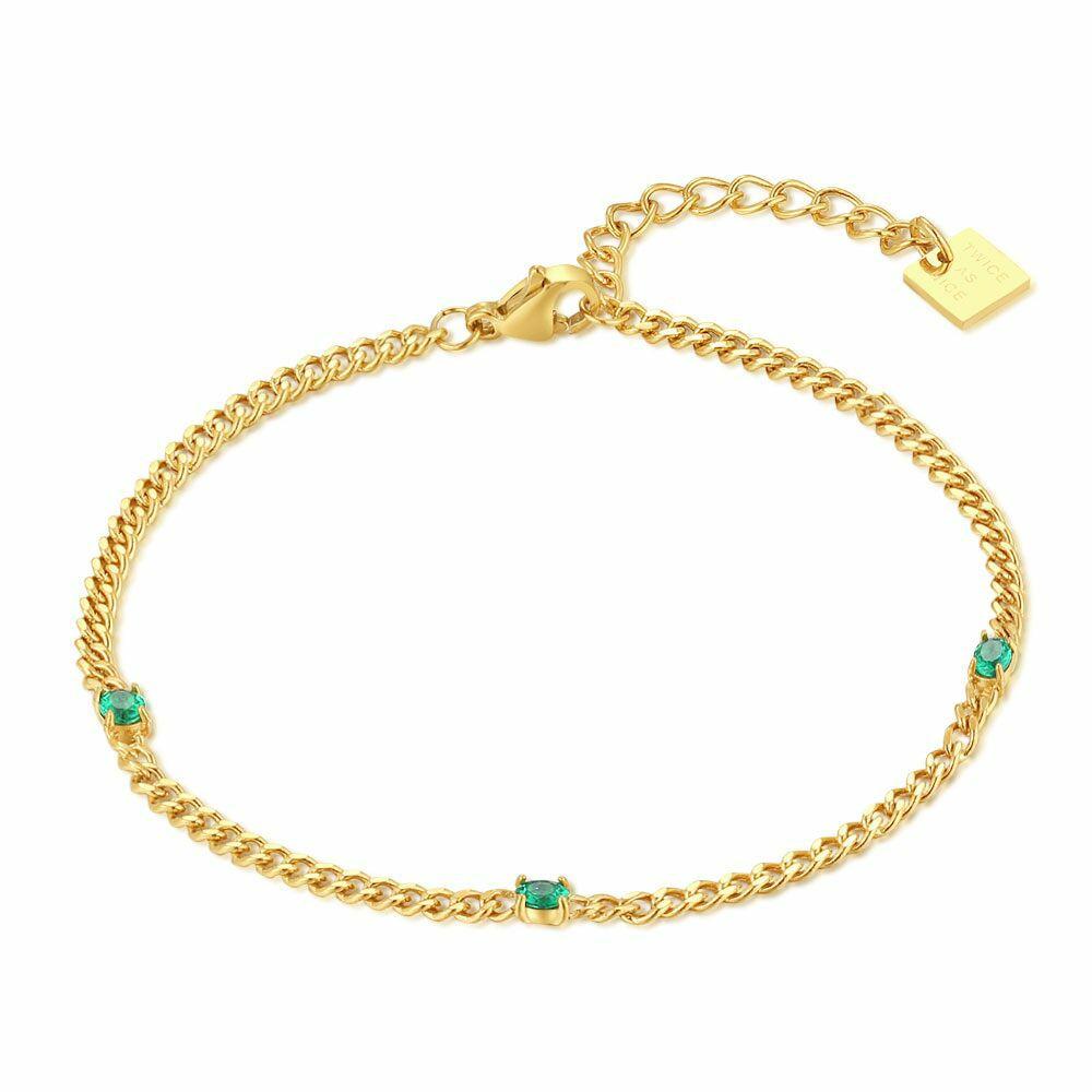 Bracelets | Gold Coloured Stainless Steel Bracelet, Gourmet Chain With 3 Green Zirconia Bracelets Bracelets