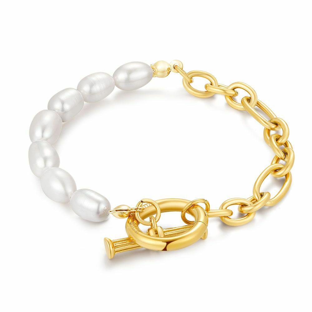 Bracelets | Gold Coloured Stainless Steel Bracelet, Half Freshwater Pearls, Half Oval Links Bracelets Bracelets