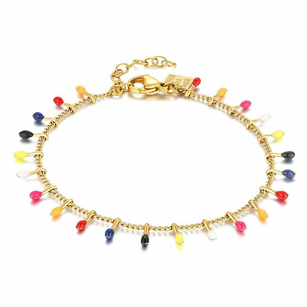 Bracelets | Gold Coloured Stainless Steel Bracelet, Multicoloured Enamel Dots Bracelets Bracelets