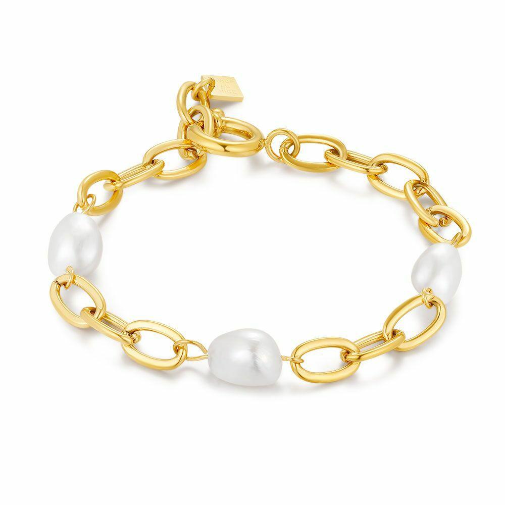 Bracelets | Gold Coloured Stainless Steel Bracelet, Oval Links, 3 Freshwater Pearls Bracelets Bracelets