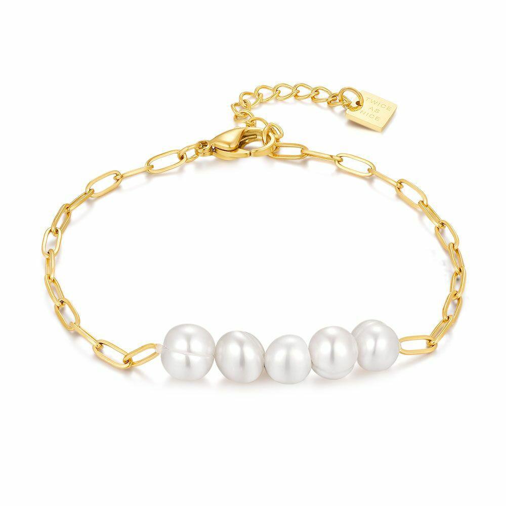 Bracelets | Gold Coloured Stainless Steel Bracelet, Oval Links, 5 Freshwater Pearls Bracelets Bracelets