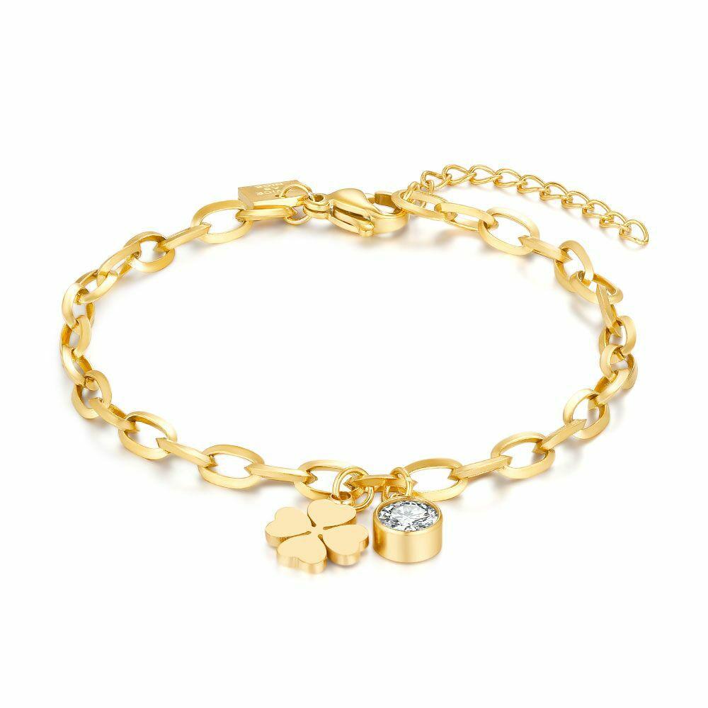 Bracelets | Gold Coloured Stainless Steel Bracelet, Oval Links, Clover, 1 Crystal Bracelets Bracelets