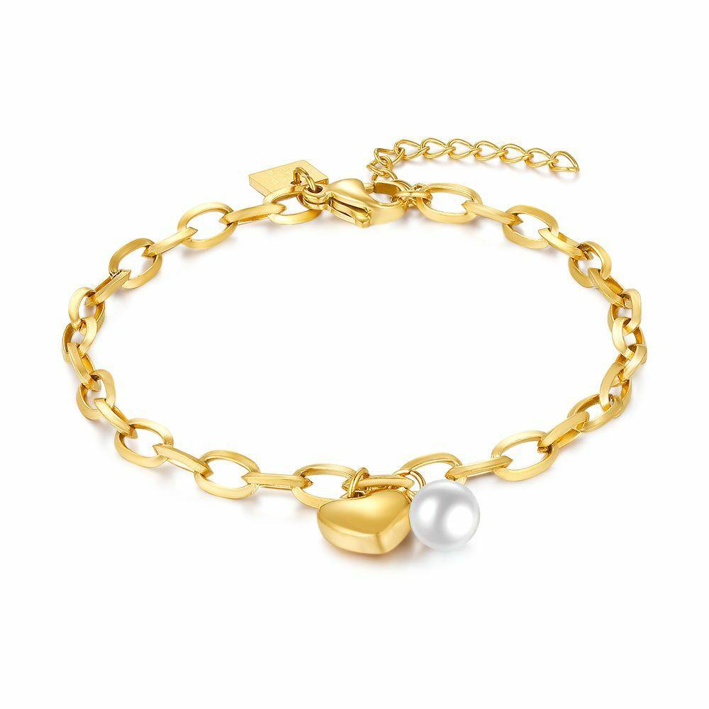 Bracelets | Gold Coloured Stainless Steel Bracelet, Oval Links, Heart, 1 Pearl Bracelets Bracelets