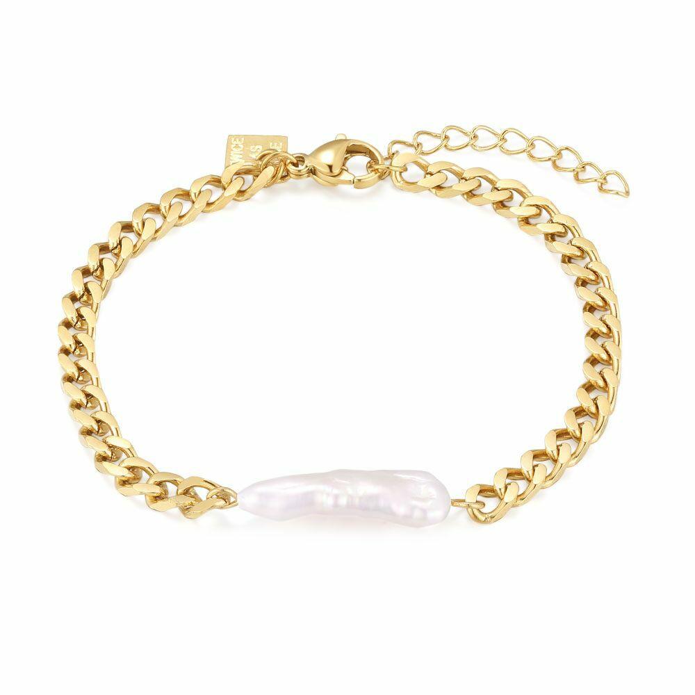 Bracelets | Gold Coloured Stainless Steel Bracelet, Oval Pearl Bracelets Bracelets