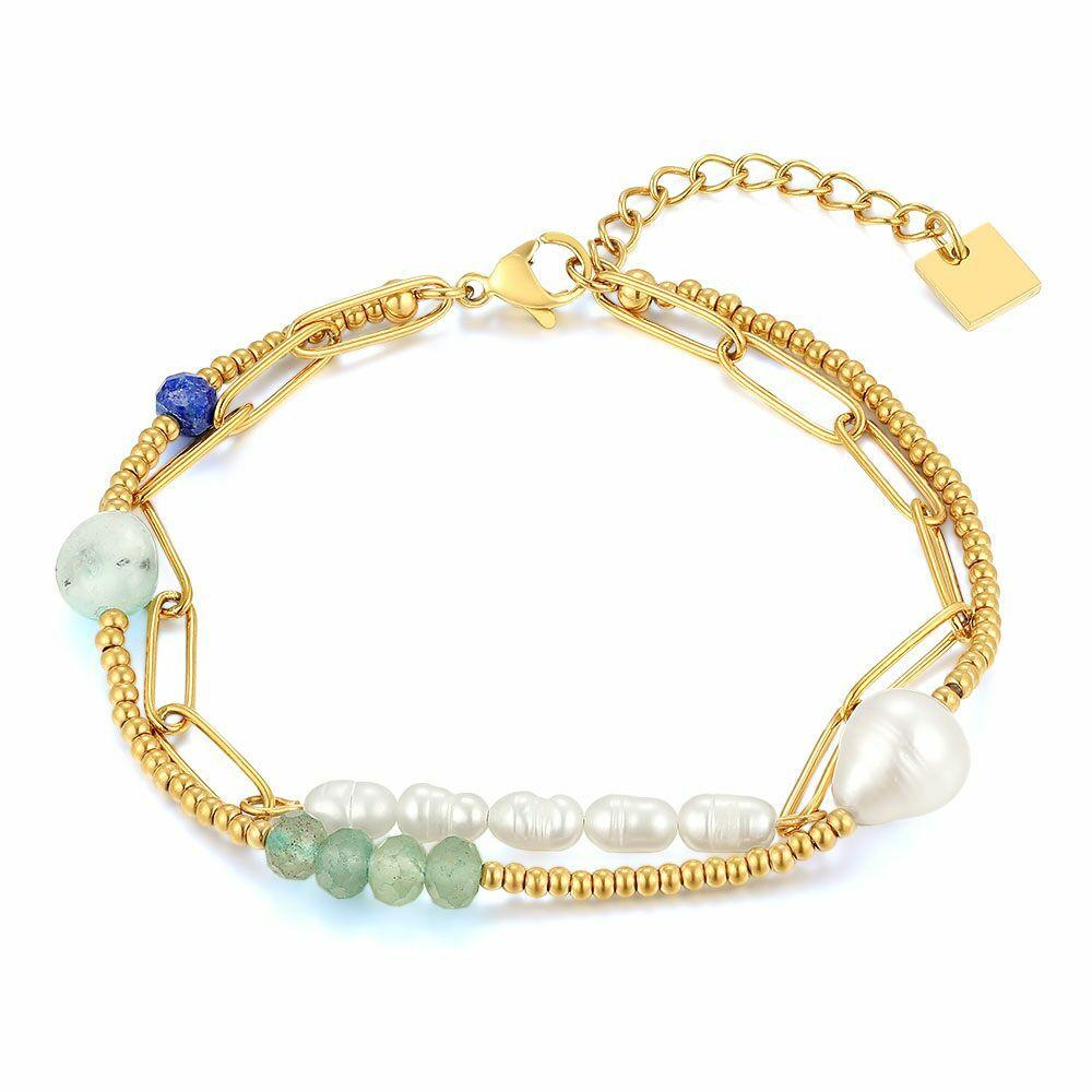 Bracelets | Gold Coloured Stainless Steel Bracelet, Pearls And Green Stones Bracelets Bracelets