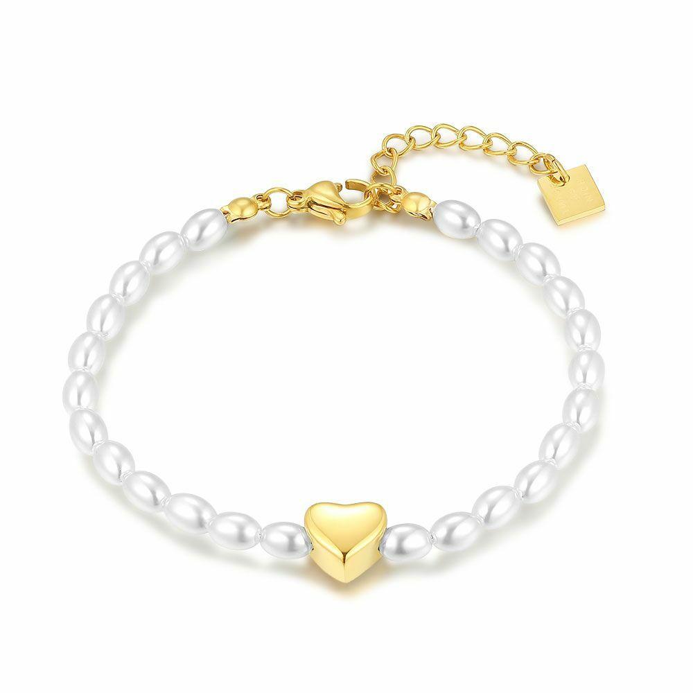 Bracelets | Gold Coloured Stainless Steel Bracelet, Pearls And Heart Bracelets Bracelets