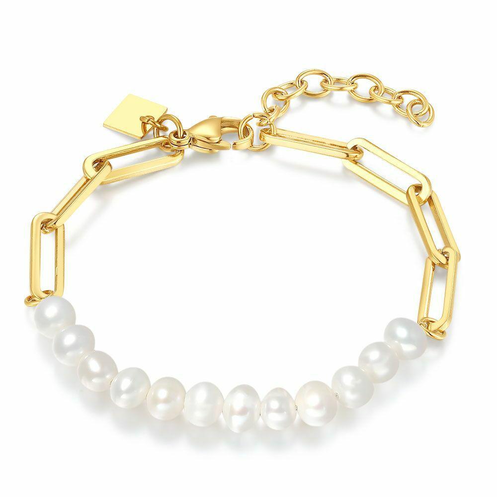 Bracelets | Gold Coloured Stainless Steel Bracelet, Pearls And Oval Links Bracelets Bracelets