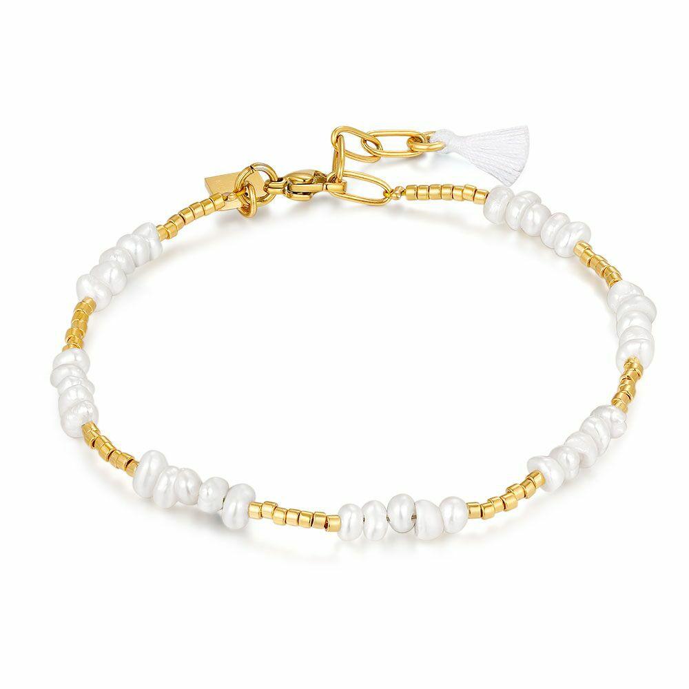 Bracelets | Gold Coloured Stainless Steel Bracelet, Pearls, White Floche Bracelets Bracelets