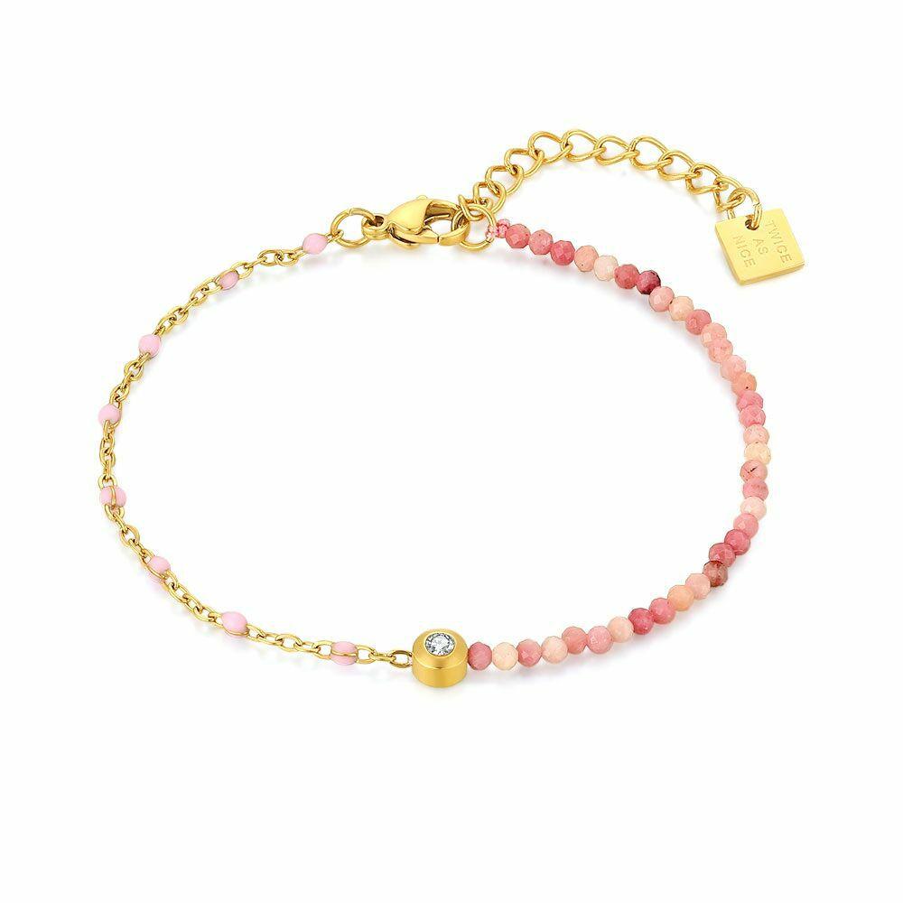 Bracelets | Gold Coloured Stainless Steel Bracelet, Pink Enamel Stones, Pink Beads, 1 Crystal Bracelets Bracelets