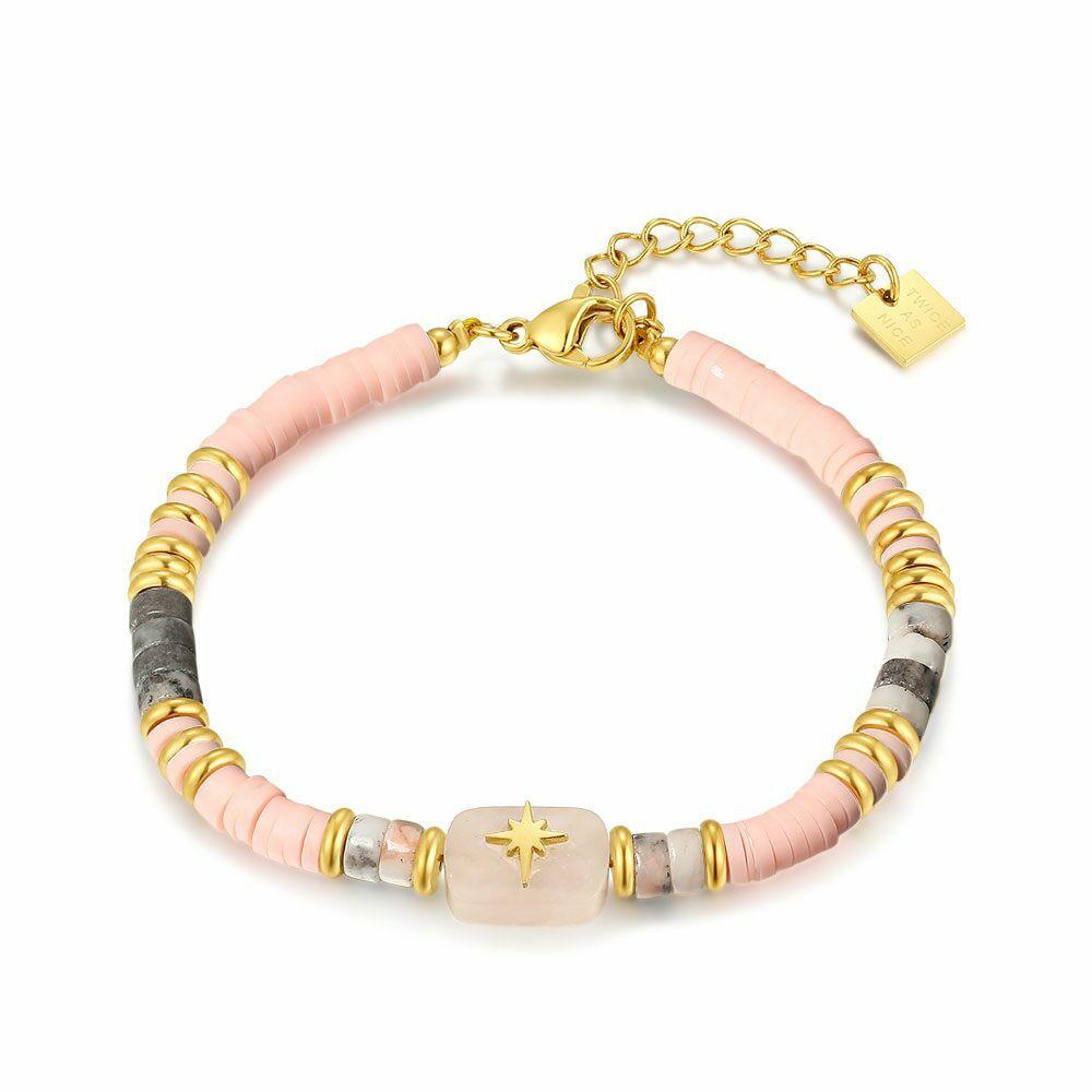 Bracelets | Gold Coloured Stainless Steel Bracelet, Pink Semi-Precious Stones Bracelets Bracelets