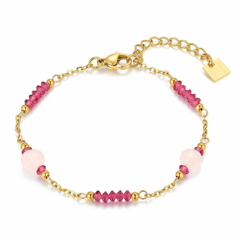 Bracelets | Gold Coloured Stainless Steel Bracelet, Pink Semi-Precious Stones Bracelets Bracelets