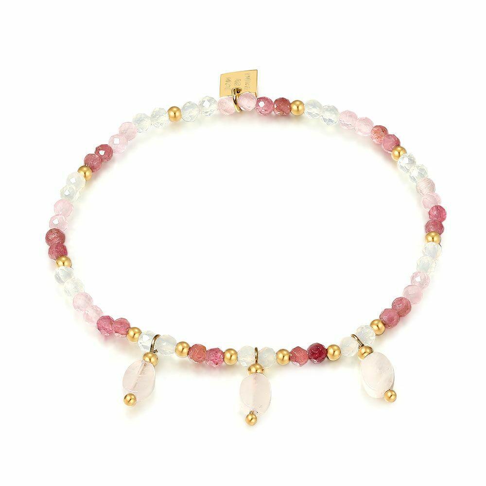 Bracelets | Gold Coloured Stainless Steel Bracelet, Pink Semi-Precious Stones Bracelets Bracelets