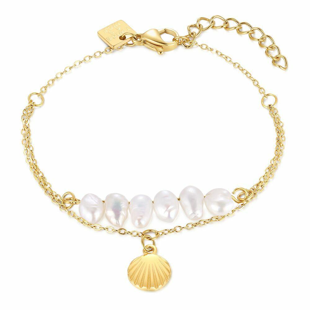 Bracelets | Gold Coloured Stainless Steel Bracelet, Shell And Pearls Bracelets Bracelets