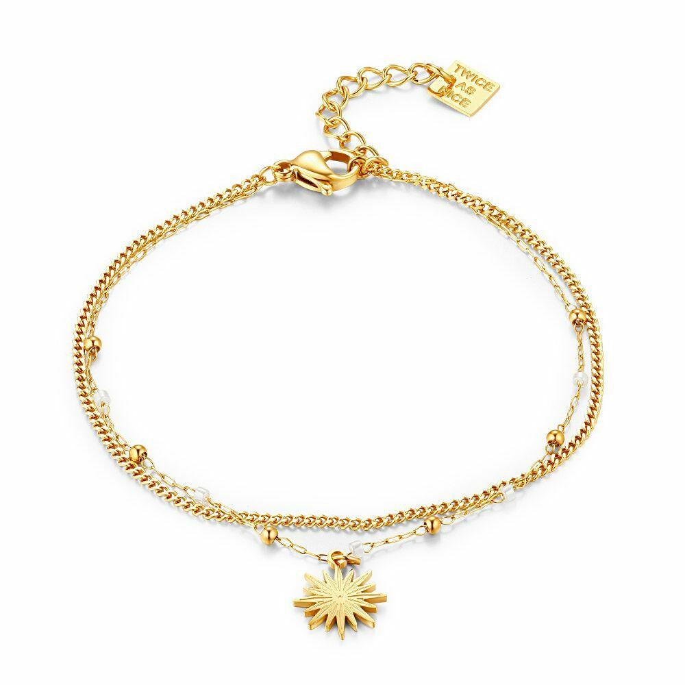 Bracelets | Gold Coloured Stainless Steel Bracelet, Sun On Double Chain, Tiny Beads And Pearls Bracelets Bracelets