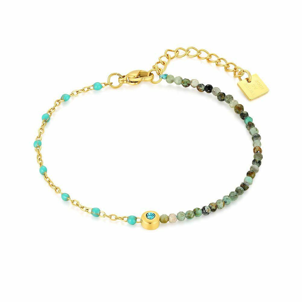 Bracelets | Gold Coloured Stainless Steel Bracelet, Turquoise Enamel, 1 Crystal Bracelets Bracelets