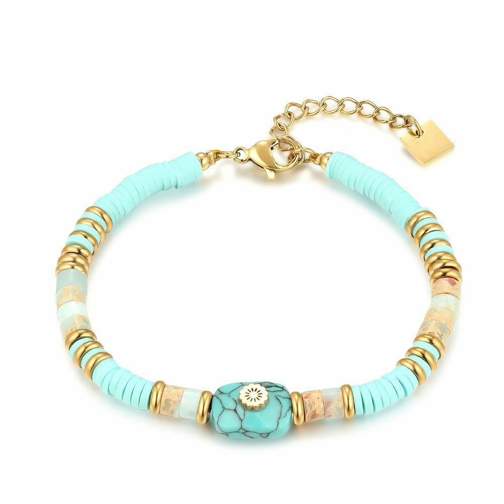 Bracelets | Gold Coloured Stainless Steel Bracelet, Turquoise Semi-Precious Stones Bracelets Bracelets