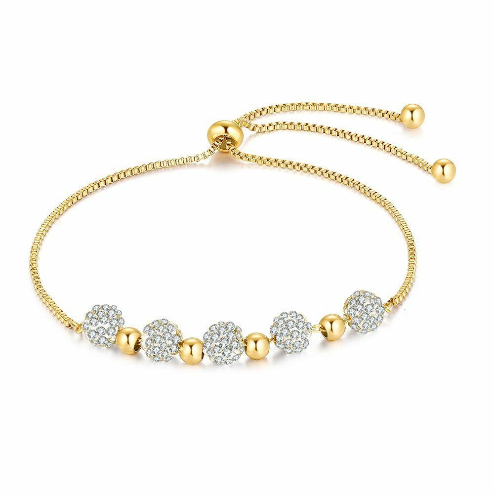 Bracelets | Gold Coloured Stainless Steel Bracelet, Venitian Wth 5 Balls, White Crystals Bracelets Bracelets