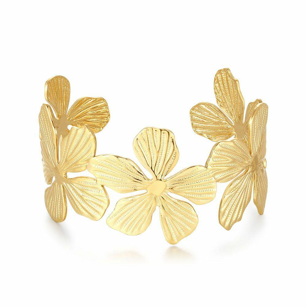 Bracelets | Gold Coloured Stainless Steel Bracelet, Wide Bange, Flowers Bracelets Bracelets