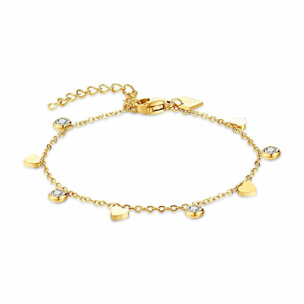 Bracelets | Gold Coloured Stainless Steel Bracelet, Zirconia And Hearts Bracelets Bracelets