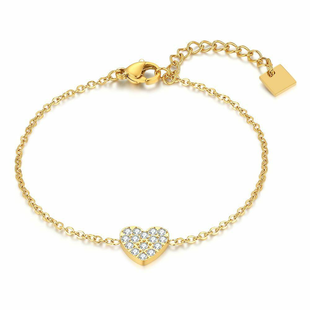 Bracelets | Gold Coloured Stainless Steel Bracelet, Zirconia Heart Bracelets Bracelets